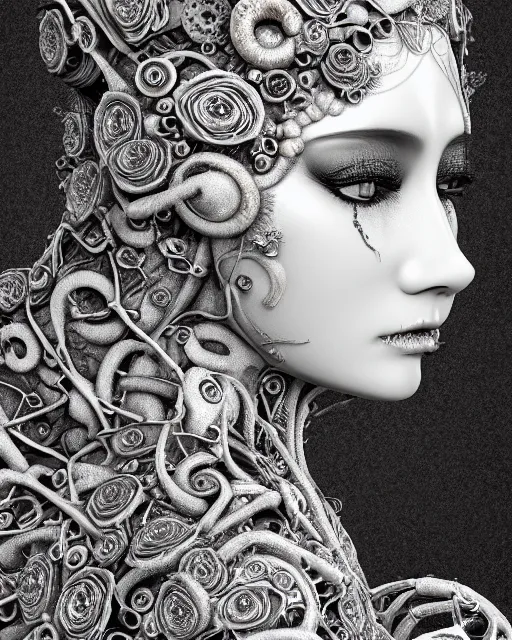 Image similar to mythical dreamy black and white organic bio-mechanical spinal ribbed profile face portrait detail of translucent steampunk beautiful siamese females angelic-human-queen-vegetal-cyborg, highly detailed, intricate trnaslucent ivy jelly ornate, poetic, translucent roses ornate, 3D render, digital art, octane render, 8K artistic photography, photo-realistic, by Dora Maar