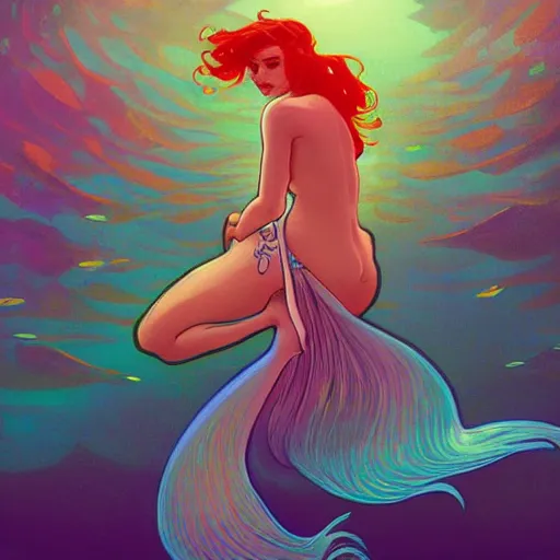 Prompt: a mermaid with a beautiful psychedelic fin, cinematic lighting, soft bokeh, fantasy, modern, colourful, highly detailed, digital painting, artstation, deviantart, concept art, sharp focus, illustration, alphonse mucha, edward hopper