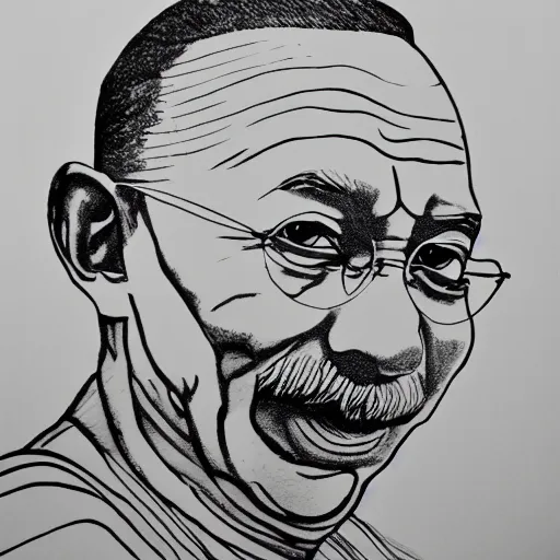 Image similar to continuous single line contour - drawing of ghandi, pen on white paper