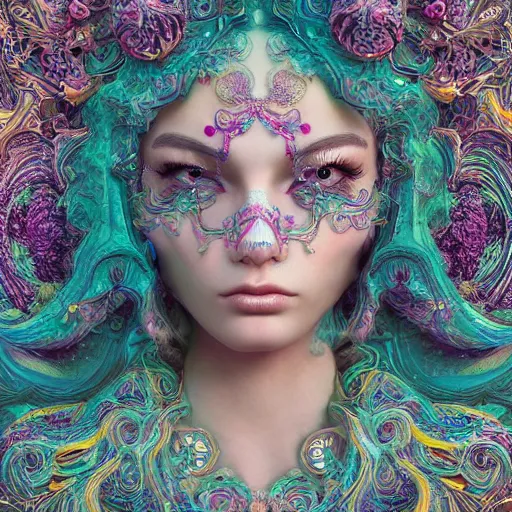 Prompt: wonderful princess of fractals and patterns, beautiful face, hyper detailed, background intricate and detailed, ornate 8 k gorgeous intricate detailed, octane render, psychedelic