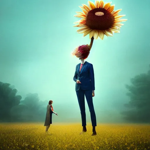 Image similar to giant daisy flower head, frontal, woman in a suit, surreal photography, sunrise, dramatic light, impressionist painting, digital painting, artstation, simon stalenhag