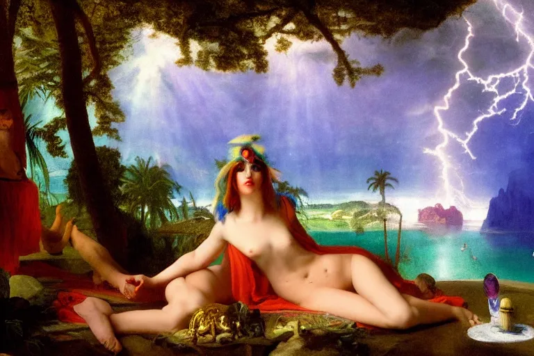 Prompt: Jester girl at the palace of the occult, refracted sparkles, thunderstorm, greek pool, beach and Tropical vegetation on the background major arcana sky and occult symbols, by paul delaroche, hyperrealistic 4k uhd, award-winning, very detailed paradise