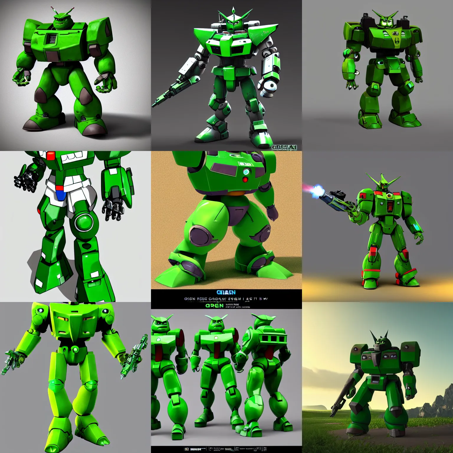 Prompt: Green Mecha Shrek gundam, action pose, unreal engine, trending on artstation