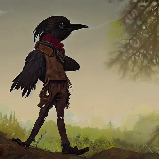 Image similar to concept art painting of an anthropomorphic humanoid crow, with steampunk clothes, in the deep forest, realistic, detailed, cel shaded, in the style of makoto shinkai and greg rutkowski and james gurney