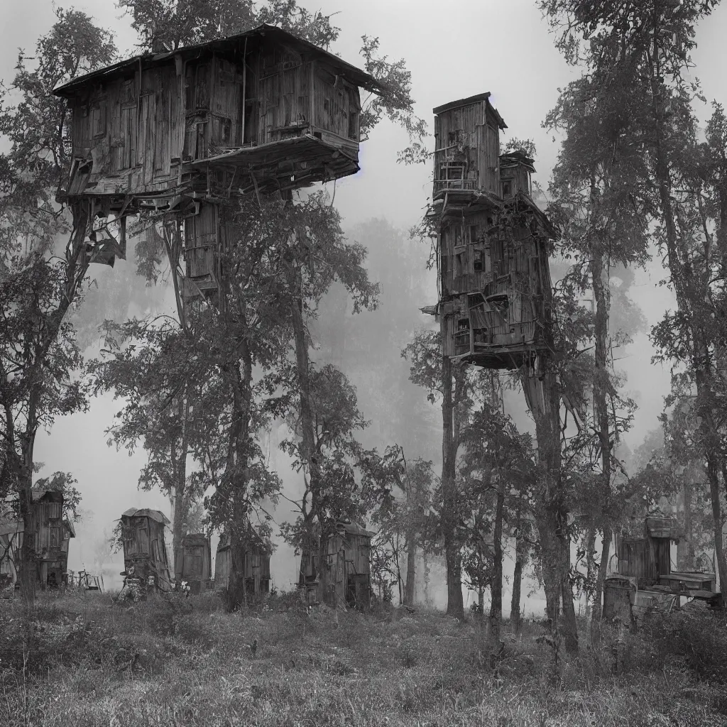 Prompt: two towers, made up of makeshift squatter shacks, misty, dystopia, mamiya rb 6 7, fully frontal view, very detailed, photographed by ansel adams