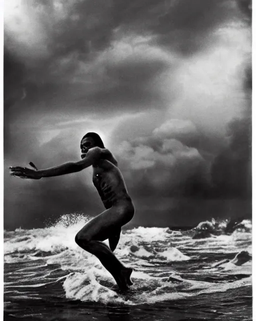 Image similar to Fela Kuti emerging from deep ocean waves, under a stormy sky, c1976, photography by Annie Liebowitz