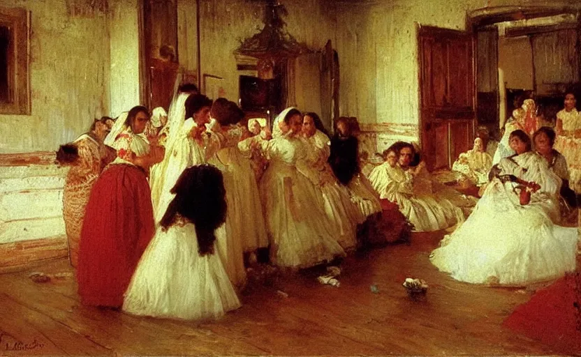 Prompt: high quality high detail painting by ilya repin, brides in a blood flooded house, hd