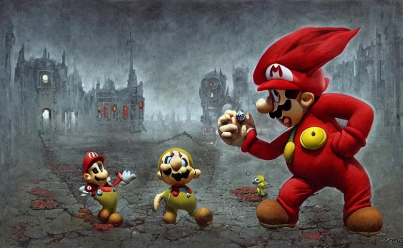 Prompt: super Mario faces off against Bowser by Beksinski, resident evil, horror