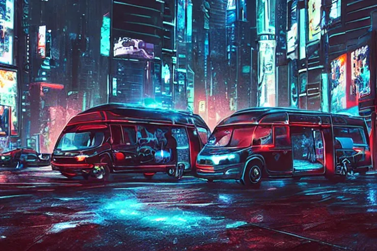 Prompt: cyberpunk version of ( a team van )