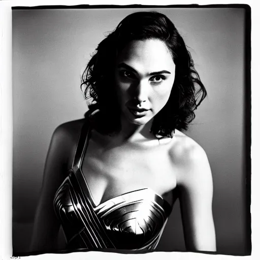 Prompt: photo of Gal Gadot by Diane Arbus, black and white, high contrast, Rolleiflex, 55mm f/4 lens