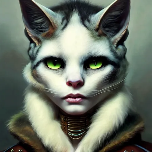 Image similar to portrait painting of a punk tabaxi bard with green eyes and snow white fur, ultra realistic, concept art, intricate details, eerie, highly detailed, photorealistic, octane render, 8 k, unreal engine. art by artgerm and greg rutkowski and charlie bowater and magali villeneuve and alphonse mucha