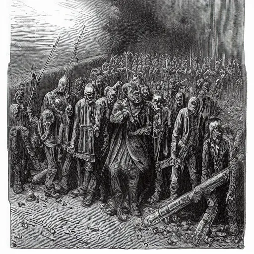 Image similar to zombies, nine steel barrels in a graveyard, creepy atmosphere, dark, realistic, illustration by gustave dore