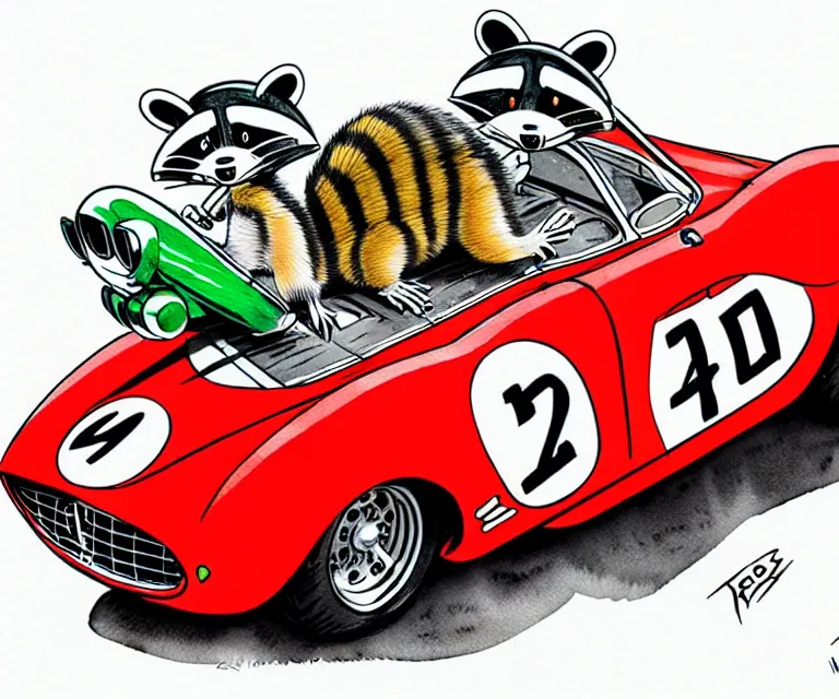 Image similar to cute and funny, racoon wearing a helmet riding in a tiny 1 9 6 2 ferrari 2 5 0 gto, ratfink style by ed roth, centered award winning watercolor pen illustration, isometric illustration by chihiro iwasaki, edited by range murata