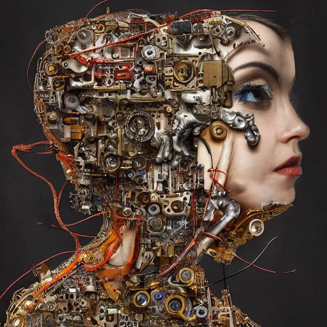 Prompt: profile portrait of a woman, computer parts, mechanical parts, by giuseppe arcimboldo, cyberpunk, futuristic, psychedelic, surreal, sci - fi, dreamlike, fantasy.