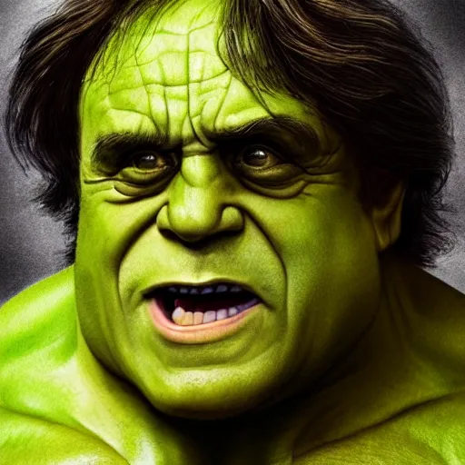 Prompt: Danny Devito as The Incredible Hulk, cinematic, realistic, detailed, portrait, green skin