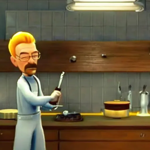 Image similar to a screenshot of Walter White cooking meth in Meet The Robinsons (2007) low quality, vhs quality,