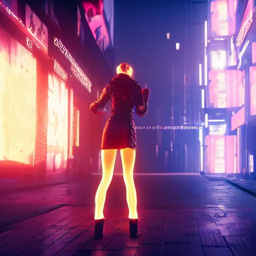 Image similar to variation young blonde woman from behind with flames dancing on her hands with a long jacket in a cyberpunk city, realistic, high definition, 4K, shimmering color, art of unreal engine 5