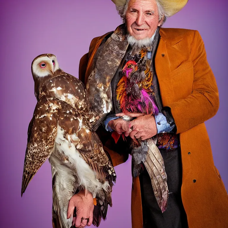 Image similar to high fashion photoshoot octane render portrait by wayne barlow and carlo crivelli and glenn fabry, a distinguished old cowboy wearing a colorful wes anderson designed cowboy costume and holding a barn owl inside a high - end exotic colorful pastel vintage boutique hotel lounge, very short depth of field, bokeh