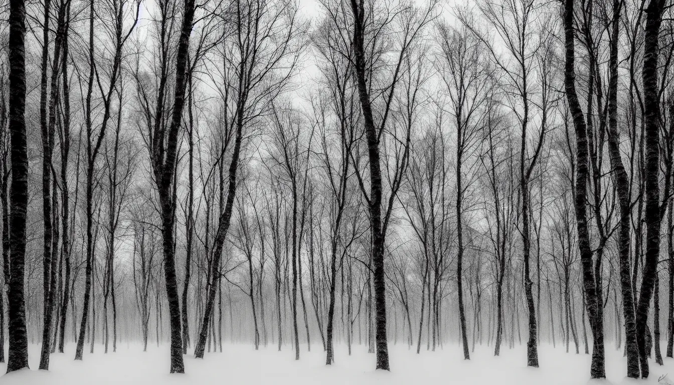 Image similar to birch forest, evening, blizzard, winter, dark, atmospheric, scary, claustrophobic, ambient vibe, very detailed, black and white, 4 k