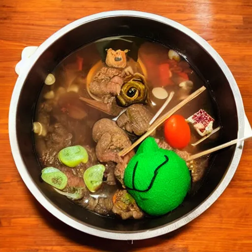 Prompt: conspiratorial toads cook chankonabe