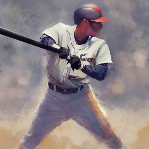 Image similar to baseball player hitting the ball with the baseball bat in the middle of the game and in front of everyone in the stadium, james gurney painting style, greg rutkowski, artstation