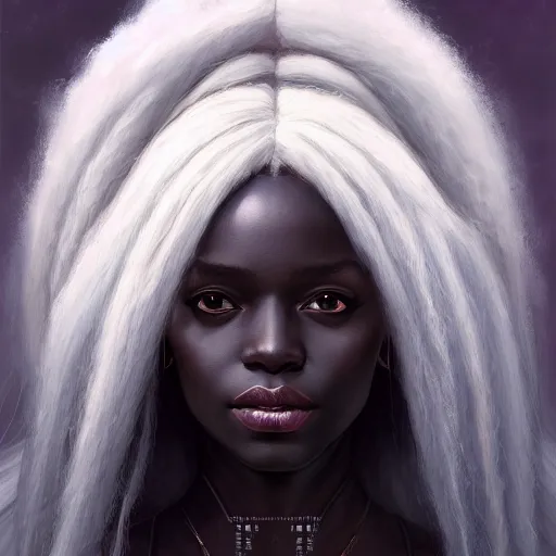 Image similar to a detailed matte oil on canvas head on symmetrical portrait of black skinned woman with long white hair, clothed by charlie bowater, lise deharme, wlop, trending on artstationhd, dungeons and dragons art critical role