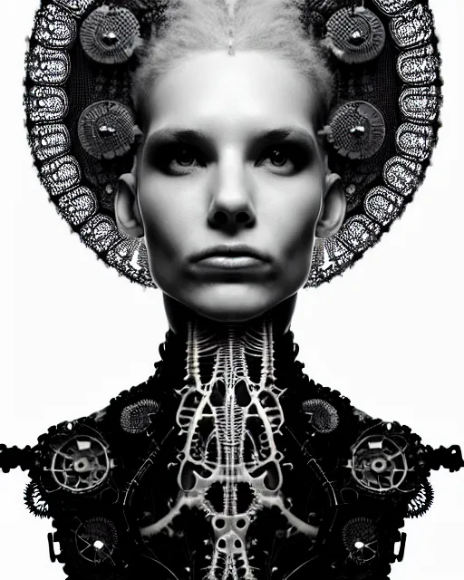 Image similar to black and white photo portrait of complex biomechanical young female cyborg with a mandelbrot fractal face, silver hair, 150 mm lens, soft rim light, fine foliage super big lace collar, Alexander McQueen, high fashion, haute couture, rococo, steampunk, silver filigree details, anatomical, facial muscles, cable wires, microchip, elegant, hyper realistic, octane render, unreal engine, by Man Ray and Dora Maar, volumetric lighting, 8k,