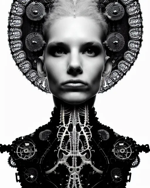 Prompt: black and white photo portrait of complex biomechanical young female cyborg with a mandelbrot fractal face, silver hair, 150 mm lens, soft rim light, fine foliage super big lace collar, Alexander McQueen, high fashion, haute couture, rococo, steampunk, silver filigree details, anatomical, facial muscles, cable wires, microchip, elegant, hyper realistic, octane render, unreal engine, by Man Ray and Dora Maar, volumetric lighting, 8k,