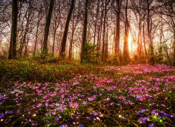 Prompt: a magical forest with crystal flowers that glow in the dusk, close up, bokeh,