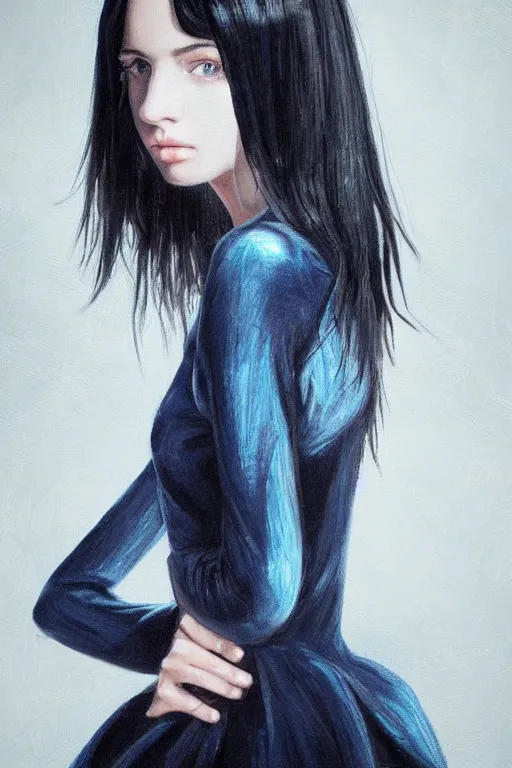 Image similar to portrait of teenage girl with glossy black hair, blue eyes, glowing porcelain skin, fashion model features, dar!dream portrait of teenage girl with glossy black hair, blue eyes, glowing porcelain skin, fashion model features, dark sweater, dark academia, intricate, elegant, black dress, highly detailed, digital painting, artstation, concept art, smooth, sharp focus, illustration, art by Krenz Cushart and Artem Demura and alphonse mucha