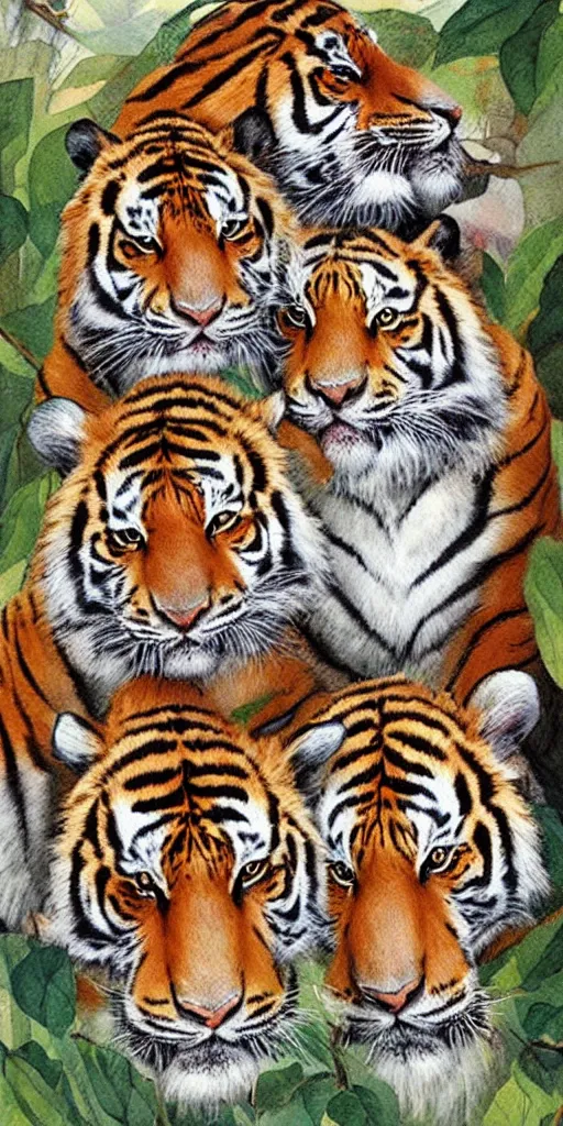 Image similar to greeting card, love, 2 beautiful siberian tigers, by tran nguyen, warm colors, cozy