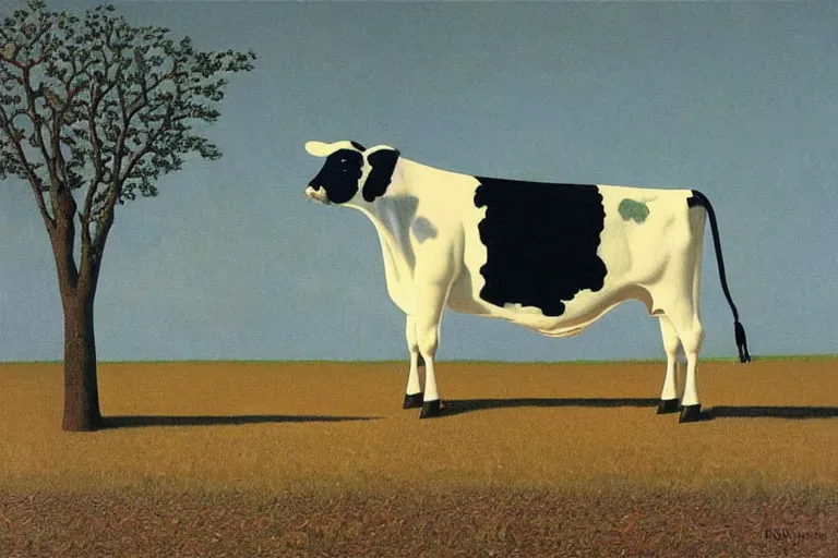 Prompt: 'Wherever you go, a cow is always watching you', painting by René Magritte