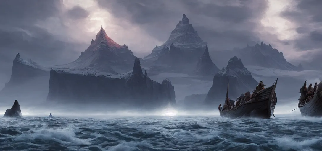 Image similar to vikings landing on the shore of iceland, dramatic lighting, cinematic, establishing shot, extremely high detail, photo realistic, cinematic lighting, post processed, concept art, artstation, matte painting, blizzard studio, wow, style by eddie mendoza, raphael lacoste, alex ross