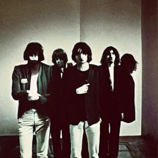 Image similar to four men standing next to each other in a dark room, an album cover by Syd Barrett, pinterest, mannerism, antichrist, top lighting, 1970s