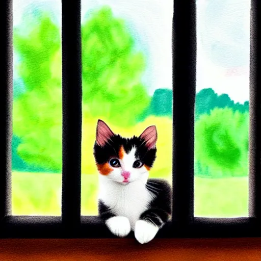 Image similar to cute calico kitten looking out of the window on a [ [ [ [ [ beautiful ] ] ] ] ] ] summer day, featured on artstationg, gorgeous!!!