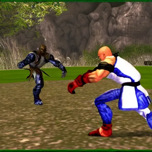 Image similar to fight screenshot of anderson silva vs yoshimitsu in tekken, detailed anderson silva face texture, ps 1 graphics, low poly, texture warp, pixel aliasing, fighting game in forest, sd video, tekken 1 playstation, health bar hud