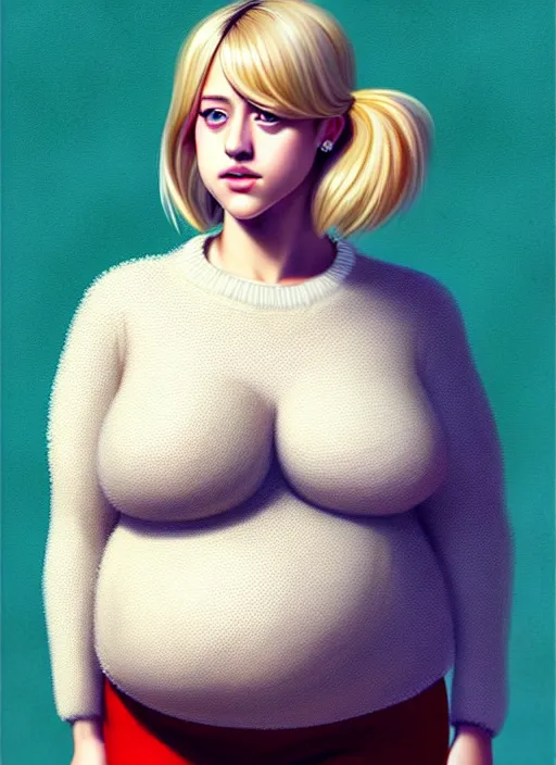 Image similar to full body portrait, teenage lili reinhart, blonde hair, obese, bangs, ponytail, sultry, realistic, sweater, fluffy bangs, fully clothed, curly bangs, fat, belly, intricate, elegant, highly detailed, digital painting, artstation, concept art, smooth, sharp focus, illustration, art by wlop, mars ravelo and greg rutkowski