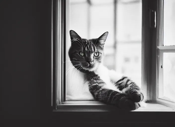 Image similar to photography of a Cat . watching outside the window. on a bed. in a 70's room full of vinyls and posters, photorealistic, award winning photo, 100mm, sharp, high res