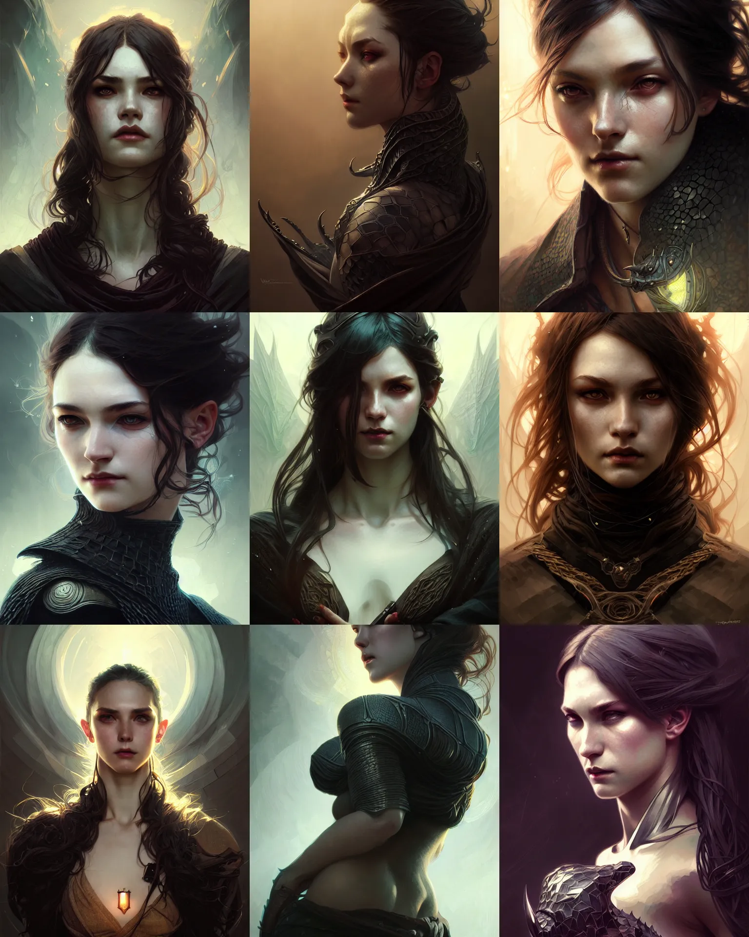 Prompt: portrait rugged girl, dark supervillain, dragon scales, fantasy magic, dark light night, intricate, elegant, sharp focus, illustration, highly detailed, digital painting, concept art, matte, art by WLOP and Artgerm and Greg Rutkowski and Alphonse Mucha, masterpiece