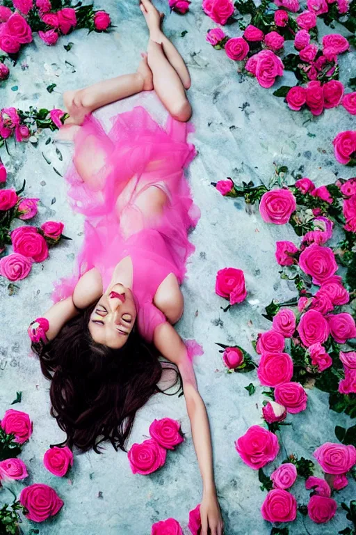 Image similar to full body fine art photo of the beauty gal gadot, she is lying down and merging from pink roses, taken by oleg oprisco