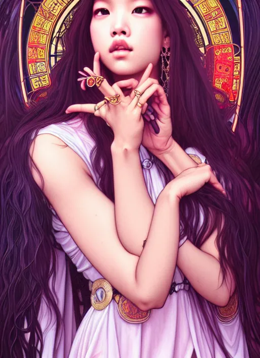 Image similar to jennie manoban of blackpink, tarot card, highly detailed, digital painting, smooth, sharp focus, illustration, ultra realistic, 8 k, art by artgerm and alphonse mucha