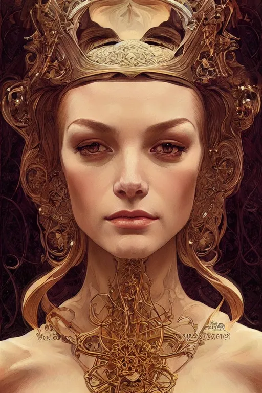 Image similar to high priestess, intricate, elegant, highly detailed, concept art, sharp focus, beautiful face!!, digital art, smooth defined outlines!!, human anatomy, human structure, by Brom, trending on Artstation, Alphonse Mucha, Tom Bagshaw, Sargent