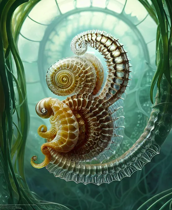 Image similar to intricate ornate opulent transparent clear see - through portrait of a playful beautiful isopod nautilus snake, fractal, adorable, childlike, overgrown biopunk jungle environment, ultra realistic, concept art, art nouveau, photorealistic, octane render, 8 k, unreal engine. art by christopher marley and artgerm and greg rutkowski and alphonse mucha