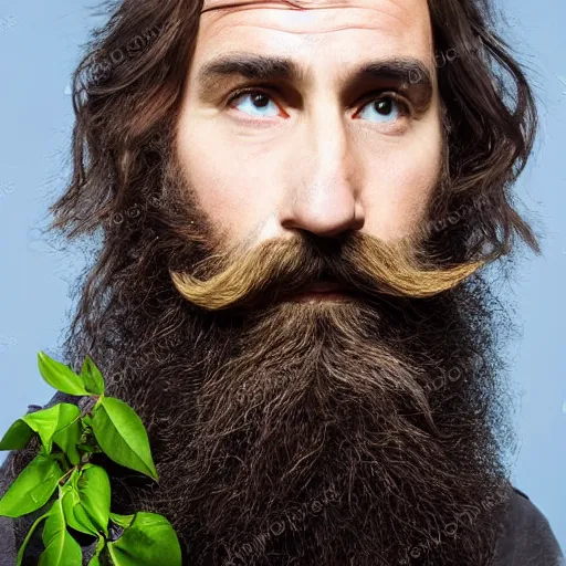 Image similar to bearded male druid gray face pointy ears with vines as hair wizards of the coast