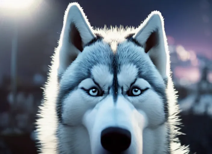 Image similar to film still of an anthropomorphic husky in a white vest in the new sci - fi movie, 8 k