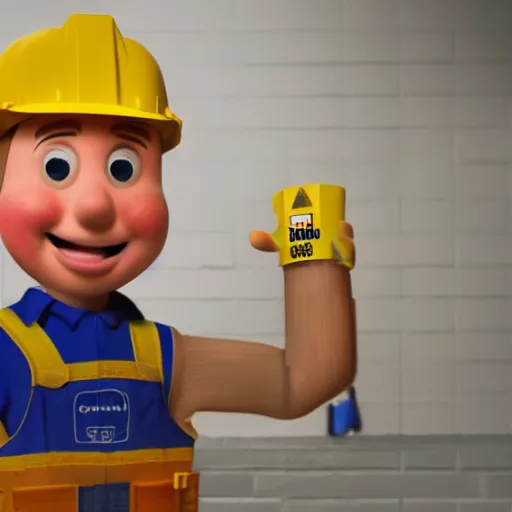 Image similar to bob the builder as a real life human person shot from cinematic, hyper detailed, ultra realistic 4k trending on artstation