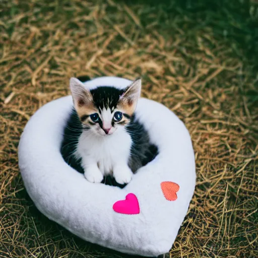 Image similar to A cute little kitten sits on the top of a plush heart-shaped pillow in the park, Canon EOS R3, f/1.4, ISO 200, 1/160s, 8K, RAW, unedited, symmetrical balance, in-frame