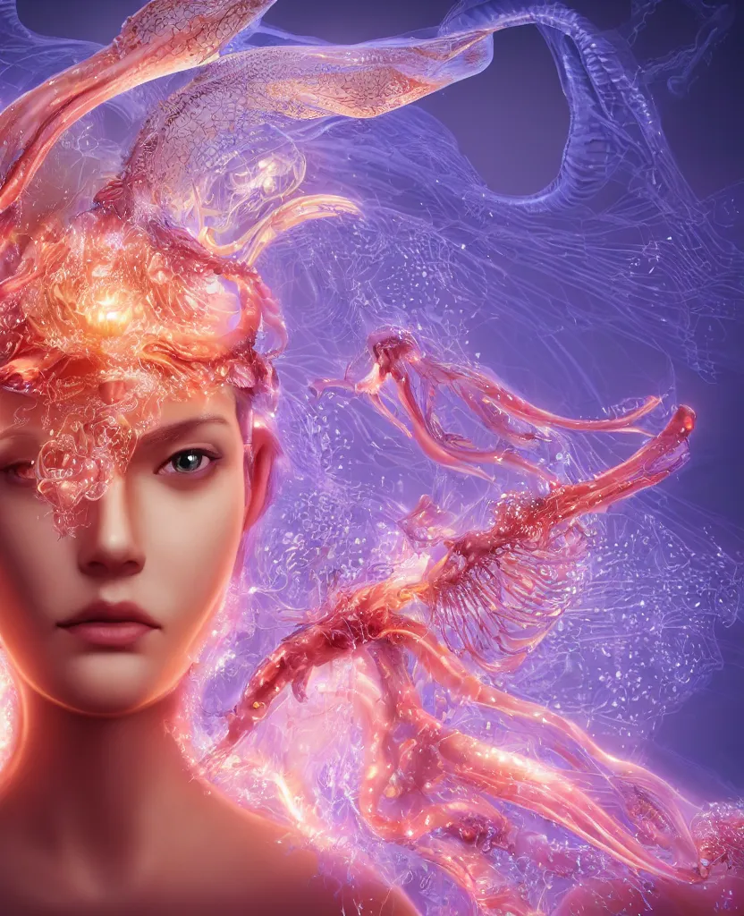 Image similar to close-up macro portrait of the face of a beautiful princess, epic angle and pose, symmetrical artwork, 3d with depth of field, blurred background, cybernetic jellyfish female face skull phoenix bird, translucent, nautilus, energy flows of water and fire. a highly detailed epic cinematic concept art CG render. made in Maya, Blender and Photoshop, octane render, excellent composition, cinematic dystopian brutalist atmosphere, dynamic dramatic cinematic lighting, aesthetic, very inspirational, arthouse. y Greg Rutkowski, Ilya Kuvshinov, WLOP, Stanley Artgerm Lau, Ruan Jia and Fenghua Zhong