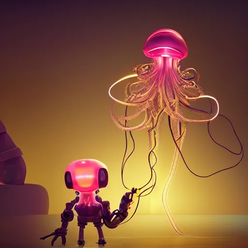 Prompt: Tintoy Characterdesign Robot neon jellyfish tentacles anr wires hard surface modelling, by Eddie Mendoza, by Peter mohrbacher, Pictoplasma bioluminescent biomechanical halo, by jarold Sng, by disney, by tooth wu, octane render, cinematic light, high details, dichroic, cgsociety