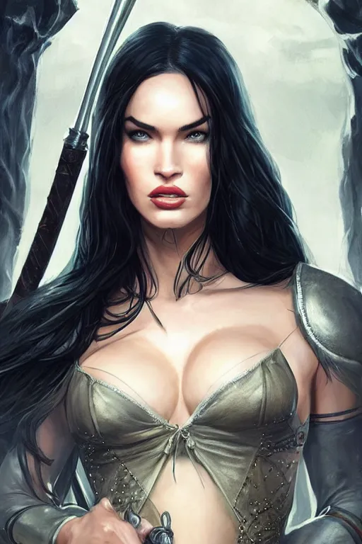 Prompt: megan fox as a heroine with a dress inspired by the witcher, digital painting, artstation, concept art, smooth, sharp focus, illustration, in-frame, centered, art by artgerm and donato giancola and Joseph Christian Leyendecker, Ross Tran, WLOP